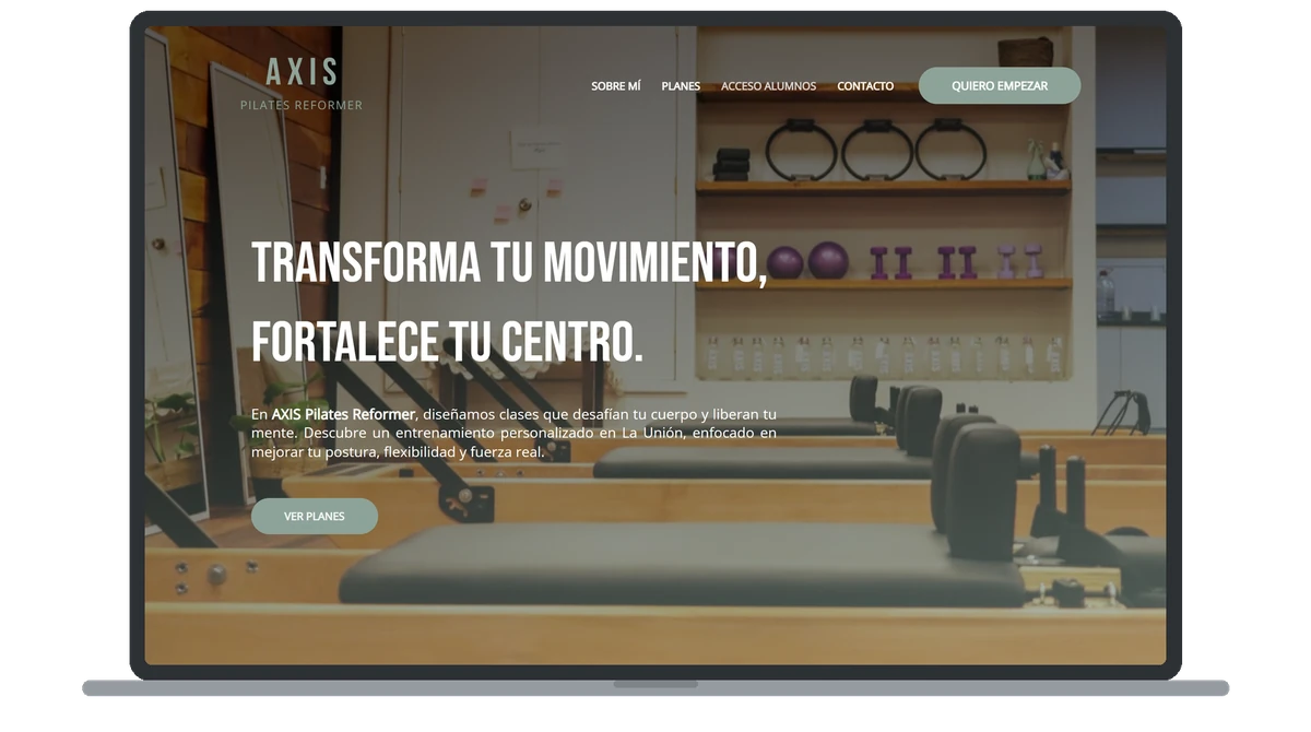 Sitio web de Axis Pilates Reformer, en La Unión, visto en un notebook