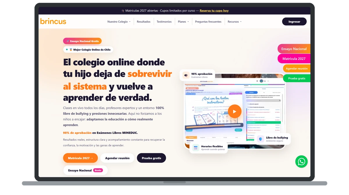 Sitio web de Colegio Online Brincus visto en un notebook