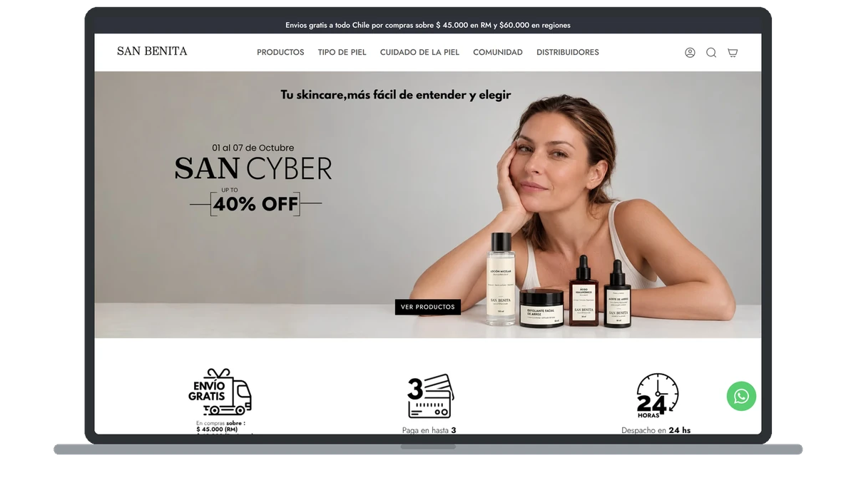 Tienda online de skincare San Benita vista en un notebook